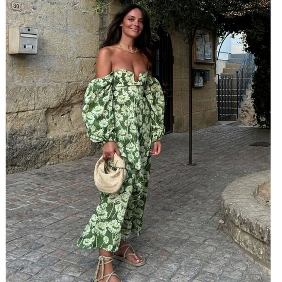 Zara Floral Off The Shoulder Cotton Poplin Maxi Dress Green Size Small - Picture 3 of 11